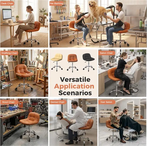 Miniatura 5 de Taburete enrollable con ruedas, taburete ajustable en altura con soporte para la espalda, silla de dibujo de oficina con cojín de piel sintética