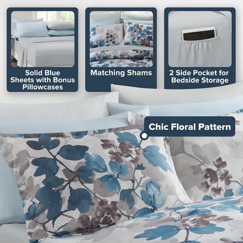 Miniatura 4 de Madison Park Juego de edredón tamaño individual con sábanas, edredón de microfibra suave con estampado floral en una bolsa para cama