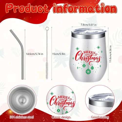 Miniatura 2 de Ziliny 6 Piezas Vasos de Vino de Navidad 12 oz Vasos de Vino Aislados de Acero Inoxidable de Navidad con Tapa y Pajita Divertidas Tazas de Café