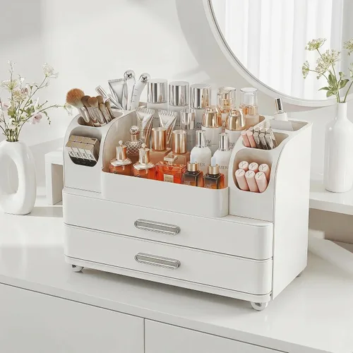 Miniatura 2 de Organizador de maquillaje con 2 cajones, vitrina de cosméticos, soporte de almacenamiento para tocador, mostrador de baño, escritorio, suministros