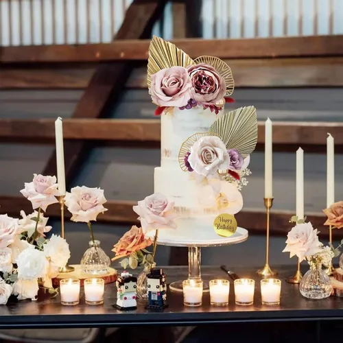 Miniatura 4 de 29 piezas de decoración de pastel de estilo bohemio con hojas de palma, flores rojas burdeos y bolas para pastel, suministros para bodas, baby Rojo