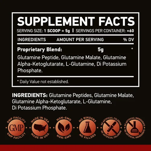Miniatura 6 de Matriz de glutamina 10.58 oz Natural Sin OGM Sin gluten 60 porciones