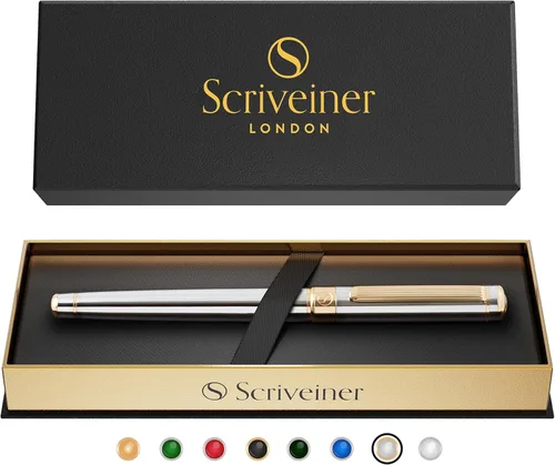 Miniatura 9 de Scriveiner - Bolígrafo de bola cromado plateado – Impresionante pluma de lujo, chapado en oro real, repuesto de tinta Schmidt, el mejor juego de 10.