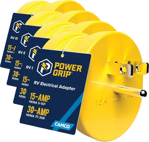 Camco Adaptador PowerGrip para autocaravana resistente, forma contorneada para un fácil agarre y extracción, 15M/30F (15M, 30 amperios, 125 V, 1875
