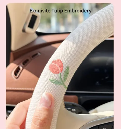 Miniatura 3 de Funda de volante de microfibra de lino para mujeres, se ajusta a 15 pulgadas, coche con linda corbata de moño, antideslizante, transpirable, que