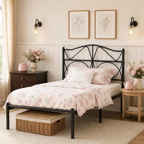 Miniatura 4 de VECELO Base de cama de plataforma de metal tamaño individual con cabecera y estribo, base de colchón de soporte de listones resistentes, no necesita