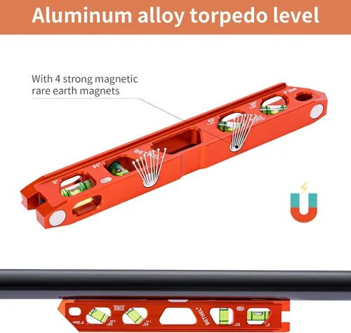 Miniatura 3 de Nivel Torpedo BETHEL, Nivel Magnético de Conducto con 4 Burbujas, Ranura en V y Pista Magnética, Construcción de Aleación de Aluminio, Naranja