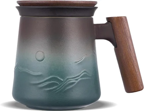 Miniatura 14 de ZENS Taza de Té de Cerámica en Relieve con Infusor y Tapa, 14.5 oz, Asa de Madera, Tazas Infusoras de Té de Hojas Sueltas y Colador para Regalos