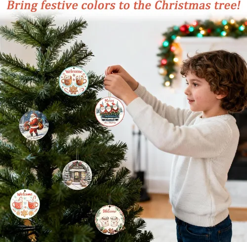 Miniatura 5 de Juego de 6 adornos colgantes de Navidad, adornos de Papá Noel de 3.4 pulgadas, adornos colgantes de cerámica para decoración del árbol de Navidad