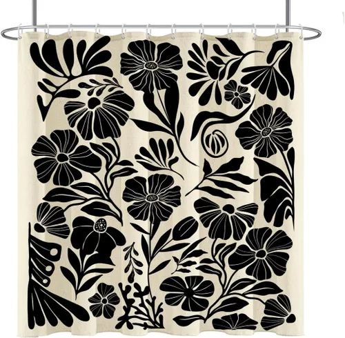 Miniatura 17 de Black Floral Shower Curtain Stall Small Half Single Mini Boho Flower Farmhouse Vintage Gothic Abstarct Retro Funky Botanical Moody Fabric Cloth