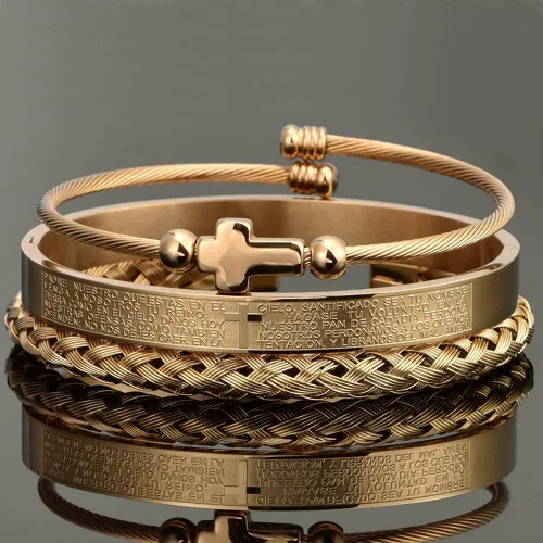 Miniatura 6 de Juego de pulseras de acero inoxidable Hip Hop para hombre joyería de cruz con dije abierto talla de la Escritura española JX5EU cruz plateada juego A