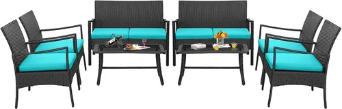 Miniatura 10 de HAPPYGRILL Juego de 4 muebles de mimbre para patio, juego de conversación de mimbre de polietileno, sofá de ratán con cojines, mesa de centro