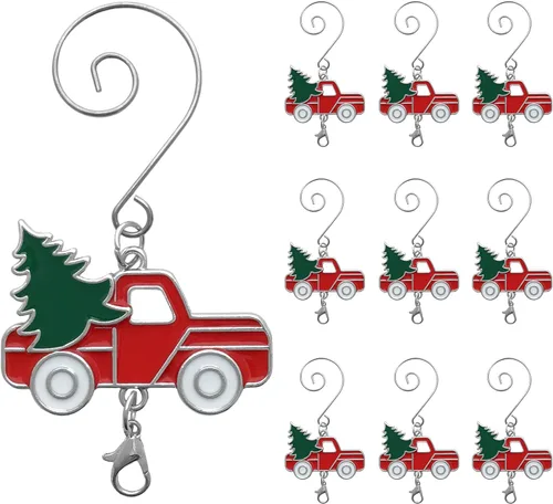 Miniatura 7 de Ganchos para colgar adornos de Navidad para camión, garras de langosta adjuntas, juego de 10 ganchos, camión rojo con árbol verde y ruedas blancas