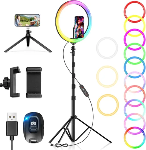 Anillo de luz para selfie de 12 pulgadas con soporte para trípode extensible de 73 pulgadas: luces de escritorio para selfie PEYOU, luces de anillo