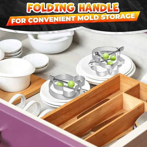 Miniatura 9 de Juego de 5 moldes para panqueques – Moldes de acero inoxidable para panqueques para plancha con formas divertidas, asas plegables – Moldeador