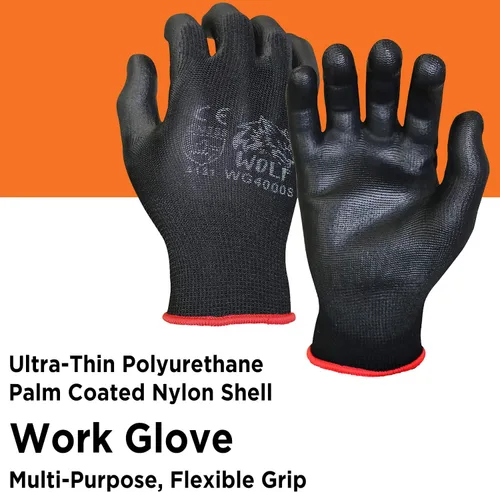 Miniatura 2 de WOLF Guantes de trabajo con palma recubierta de poliuretano y carcasa de nylon, para construcción, mecánica, almacén, trabajo de jardinería, trabajo