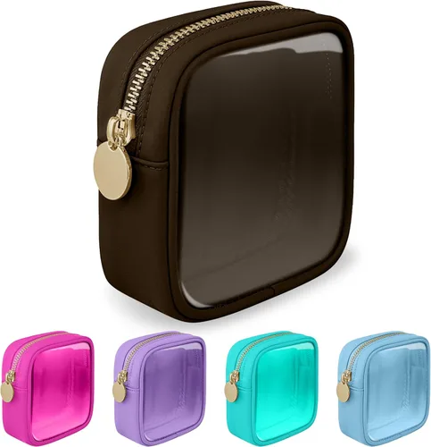 Miniatura 79 de izuzta Bolsa de maquillaje pequeña de nylon para bolso, linda bolsa de cosméticos con cremallera, bolsa de maquillaje preppy, Azul, Mini 2-Azul