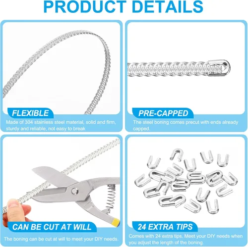 Miniatura 3 de PATIKIL Deshuesado de acero inoxidable 304 en espiral de 0.157 in, corsé de metal plano con 24 puntas de acero para corsé, cordones, disfraces