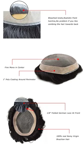 Miniatura 4 de Sistema de peluquín para hombres 100% real Remy piezas de cabello humano duradero NPU con monofilamento Mens Toupee para hombre Cabello Humano