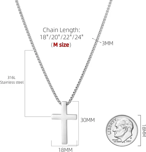 Miniatura 2 de Collar de cruz para hombre Collar con colgante de cruz lisa de acero inoxidable plataoro, regalo de joyería simple, cadena de caja de 18 a 24