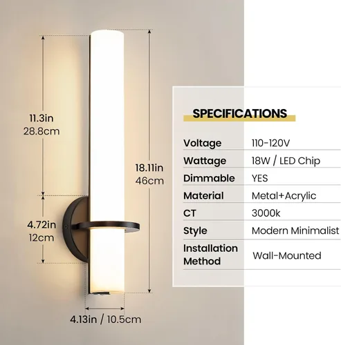 Miniatura 5 de AIJIASI Apliques de Pared Negros Juego de 2, Apliques de Baño de 18 pulgadas con Pantalla Acrílica 18W 3000K LED Regulables Apliques de Pared