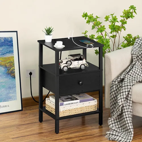 Miniatura 5 de Lerliuo Mesita de noche con estación de carga y puertos USB, mesa auxiliar de almacenamiento de 3 niveles con cajón y estante, mesita de noche