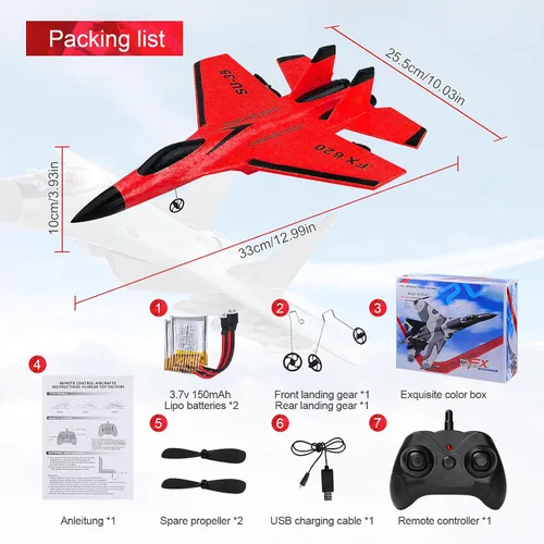 Miniatura 7 de Avión RC 2CH Avión RC 2.4GHz Avión de control remoto RTF SU35 RC Jet Fácil de volar FX620 Avión Juguetes RC Aviones RC para adultos, niños y Rojo
