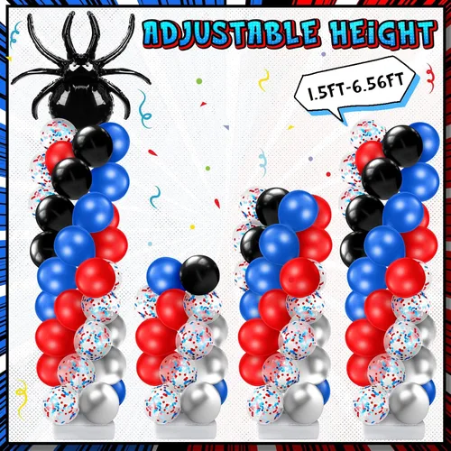 Miniatura 4 de Kasyat Juego de 2 soportes de columna de globos para fiesta de arañas con 2 arañas y 100 globos de látex rojos, azules y negros, soportes de arco