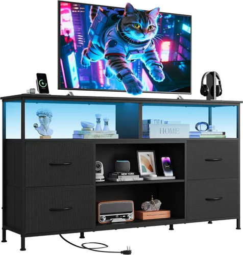 WLIVE Mueble Tocador para TV de 50, 55, 60 pulgadas, Centro de Entretenimiento con Luces LED y Cajones de Tela, Tocador Mueble para TV para