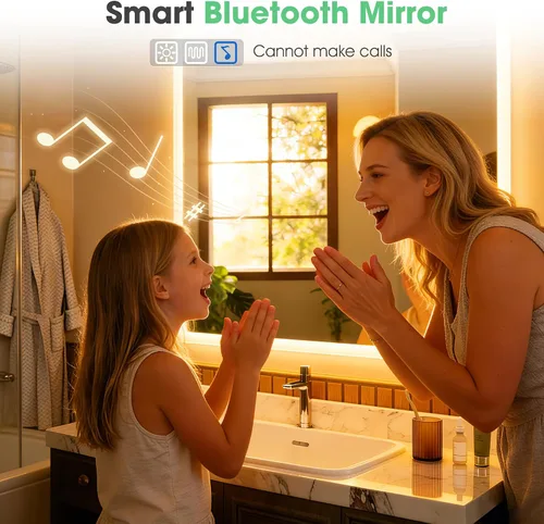 Miniatura 3 de S'bagno Espejo de baño LED de 32 x 24 pulgadas con luces, altavoz Bluetooth, antivaho e impermeable, espejo de pared regulable con control táctil, 3