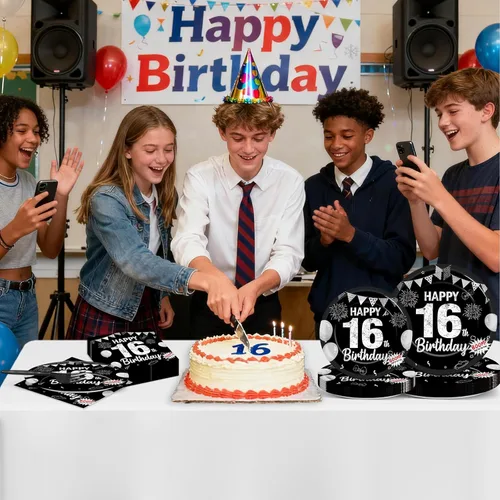 Miniatura 6 de Juego de 96 piezas de platos de papel, servilletas y tenedores para fiesta de cumpleaños número 16 para fiesta negra de dulces 16 años, platos