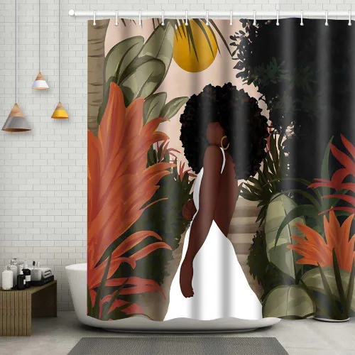 Miniatura 9 de Cortina de ducha de mujer afroamericana, sexy, de 36 x 72 pulgadas, poliéster, abstracto, bohemio, tropical, hojas de plantas tropicales, juego