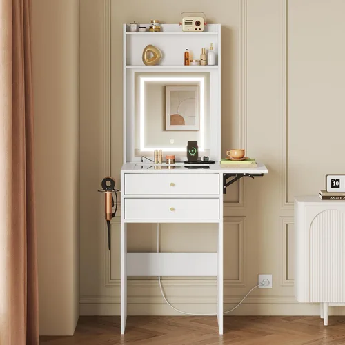 Miniatura 9 de WLIVE Pequeño escritorio negro con espejo y luces, juego de tocador de maquillaje compacto con panel plegable y silla, tocador con estación de carga