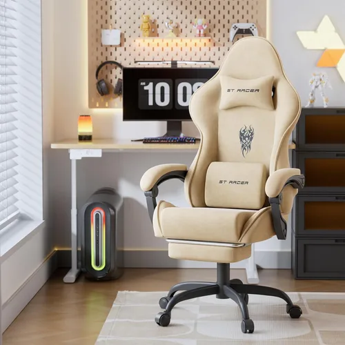 Miniatura 2 de Huracan Silla de juegos de tela de terciopelo con reposapiés para adultos, sillas ergonómicas para juegos con base de masaje, silla reclinable