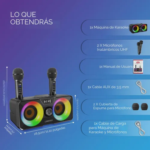 Miniatura 6 de Máquina de karaoke para adultos y niños con 2 micrófonos inalámbricos UHF, sistema de altavoces Bluetooth portátil PA con luces LED de fiesta