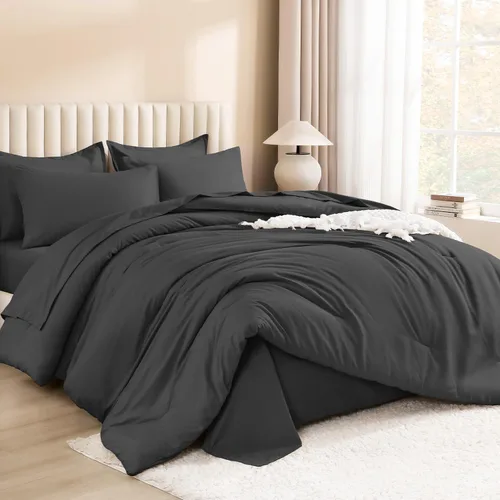 Miniatura 13 de Litanika Juego de ropa de cama con edredón tamaño matrimonial de 7 piezas en una bolsa color verde esmeralda oscuro - Juego de ropa de cama completo