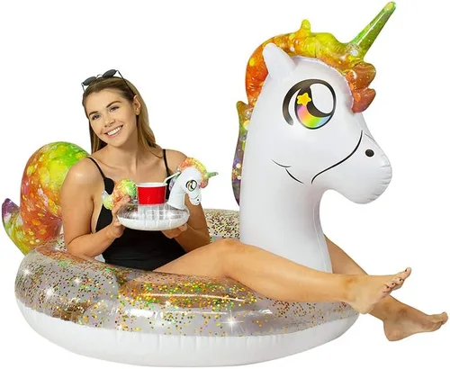 PoolCandy Paquete inflable de fiesta de animales con purpurina – Combo de un hermoso animal con purpurina más un flotador de bebida animal