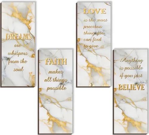 ONIZHITY 4 piezas de decoración de baño blanco y dorado, decoración de pared dorada con Dreams Faith Love Believe, de madera, rústico, estilo Oro