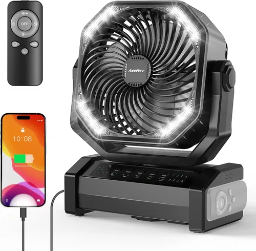 AddAcc Ventilador de camping recargable de 20000mAh - Ventilador operado por batería con luz y control remoto, oscilación automática, temporizador