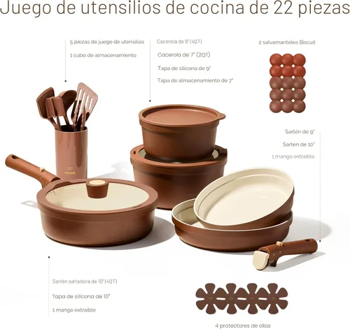 Miniatura 7 de CAROTE Juego de 22 utensilios de cocina de cerámica, juego de ollas y sartenes antiadherentes, asas extraíbles no tóxicas, aptos