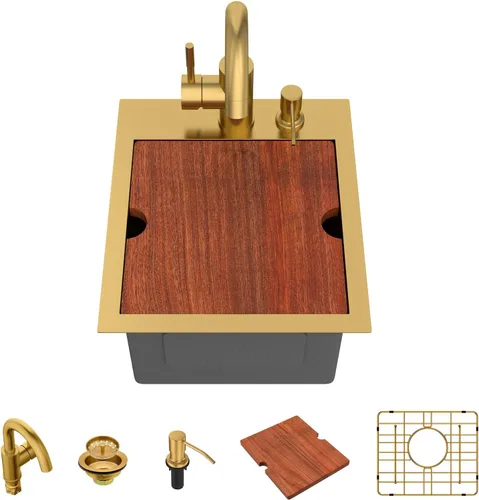 Lordear - Fregadero de barra – Fregadero de barra dorado de 13 x 15 pulgadas con grifo dispensador de jabón, estación de trabajo, calibre 16 T304,