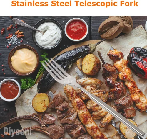 Miniatura 3 de Tenedor de cena de acero inoxidable, barbacoa telescópica extensible cena fruta postre mango largo tenedor cubiertos de acero inoxidable, anti