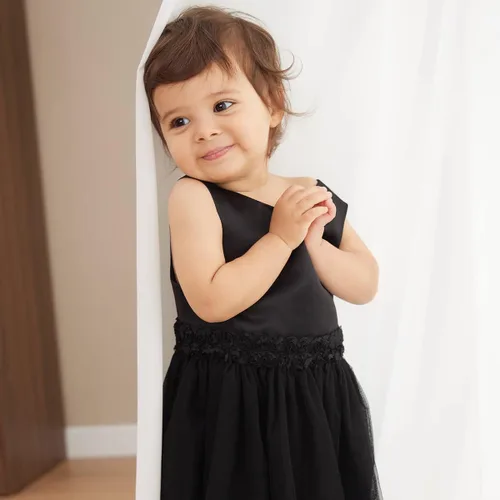 Miniatura 2 de OPAWO Vestido negro para niña pequeña, dama de honor, 3D, tul de encaje, vestido de princesa de satén, vestido de fiesta, concurso, funerario