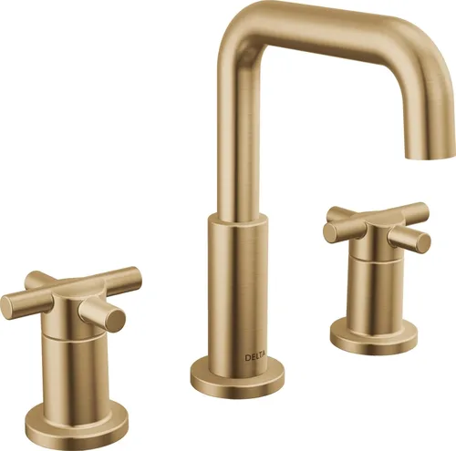 Delta Nicoli - Grifo de baño de 3 orificios en oro cepillado, grifo de lavabo de baño de 8 pulgadas para mueble, conjunto de desagüe emergente,