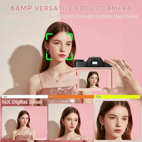 Miniatura 3 de Cámara digital 6K para fotografía con enfoque automático, cámara de videoblogs WiFi de 64MP para YouTube con pantalla giratoria de 3" 180°, zoom Rosa