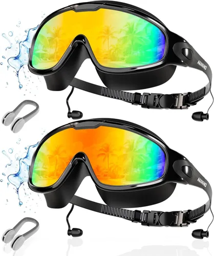Aegend - Nuevas gafas de natación de visión amplia para adultos, con protección antiniebla/UV, sin fugas, con tapones para los oídos para hombres y