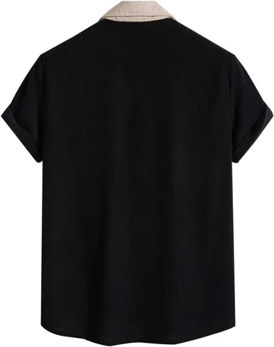 Miniatura 4 de Camiseta de manga corta con estampado de patchwork de lino y algodón para Hombre, blusa con botones bolsillo hawaiano