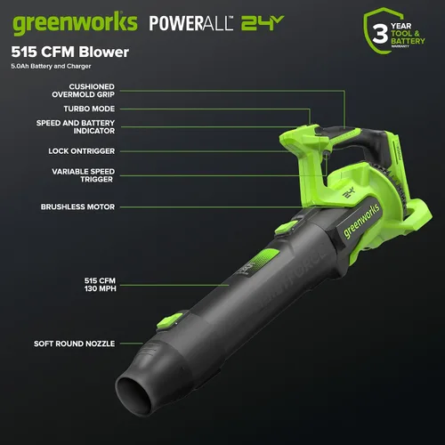 Miniatura 2 de Greenworks Soplador de hojas axial sin escobillas de 24 V (515 CFM/130 MPH), volumen de aire extremo para hojas húmedas, residuos pesados y limpieza