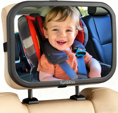 Funbliss Espejo de Coche para Bebé para Asiento Orientado hacia Atrás, Rotación de 360°, Vidrio Acrílico Irrompible Certificado de Seguridad, Vista