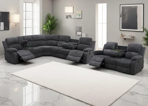 Miniatura 14 de Juego de sofá seccional reclinable manual, juegos de muebles de sala de estar, sofá seccional en forma de L y 2 sillas, cómodo sofá reclinable